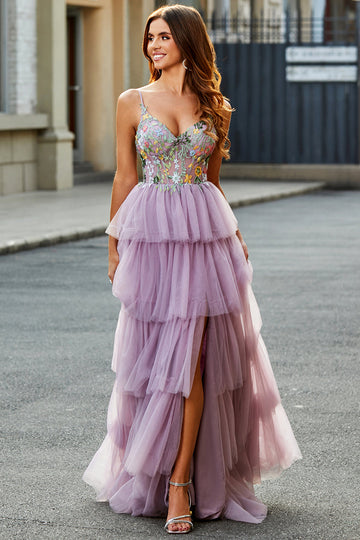 A-Line Tulle Corsetto lungo a più livelli Malva Prom Dress con applicazioni